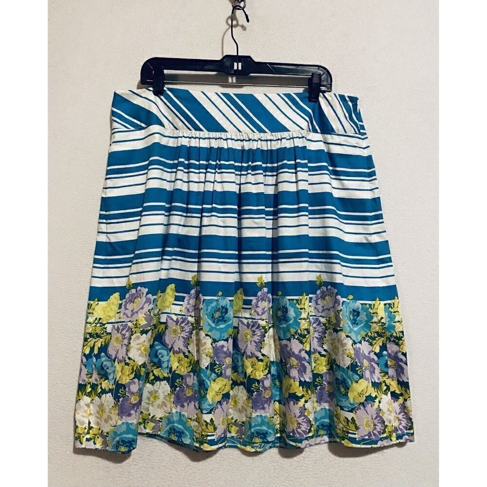 Talbots Skirt Womens 16 Aqua Blue Striped Floral Border Full Pleated Flirty Boho - Picture 2 of 6